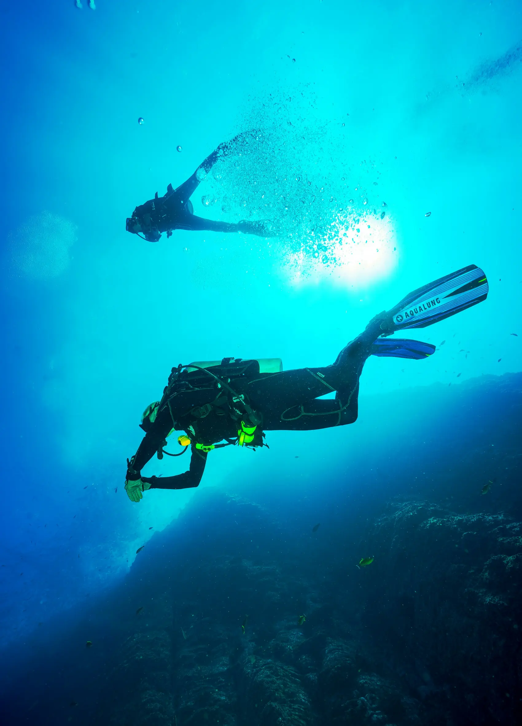 Two divers silhouetted against the sun as they descend.