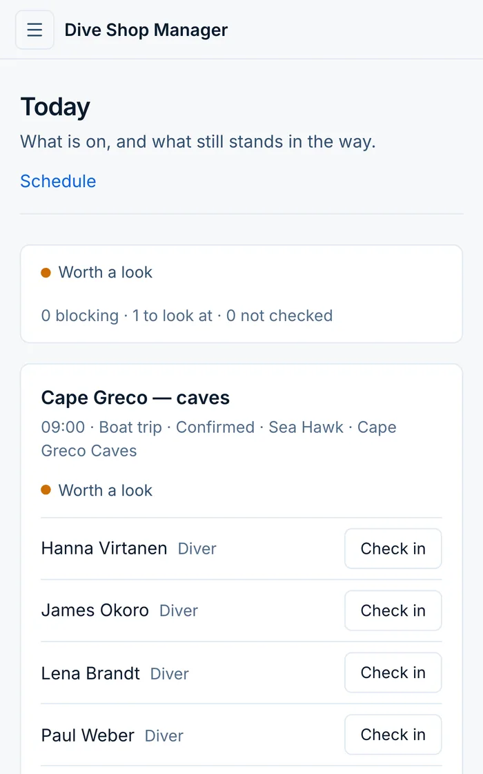 Today's screen on a phone: a boat trip at nine with six divers listed by name, each with a check-in button.