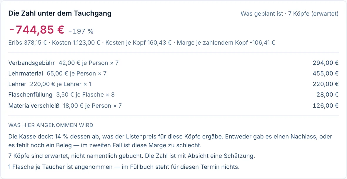Die Zahl unter dem Tauchgang: minus 744,85 Euro bei minus 197 Prozent, aufgeschlüsselt in Verbandsgebühr, Material, Lehrer, Füllung und Verschleiß, darunter die Annahmen, auf denen die Zahl steht.
